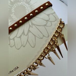 Carisma Gold Tone Spike + Tan Suede & Gold Stud Choker 2 Piece Necklace Set